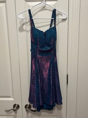 Pear Moon Iridescent Glitter Skater Dress Size 9 Blue Purple Open Back Dress